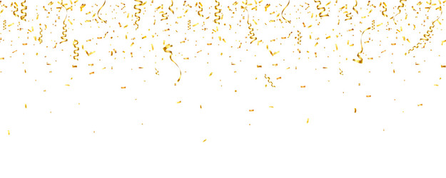 Christmas golden confetti with ribbon falling vector