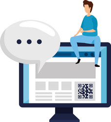 man and computer with qr code isolated icon vector image