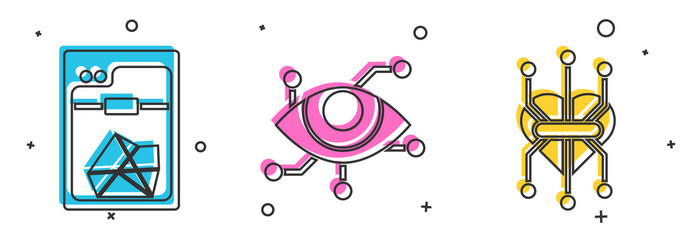 Set 3d printer virtual reality and processor icon vector