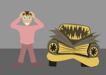 worried driver with his breakdown car vector