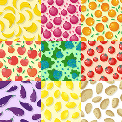 Set of fruits and vegetables seamless patterns vector