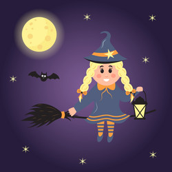 cute little witch on a broom holding lantern vector