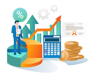 successful businessman standing next to pie chart vector