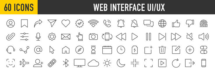 Set of 60 interface ui ux web icons in line style vector