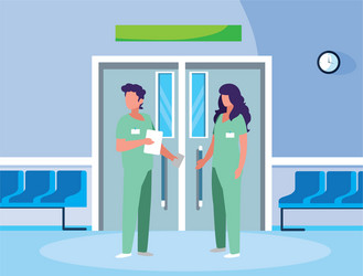 Couple medicine workers in elevator door vector