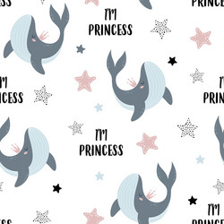 Seamless pattern cute whale in crown isolated vector