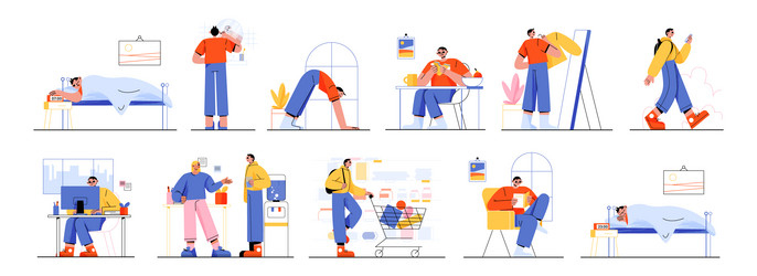 Man daily routine life cycle schedule habits set Vector Image
