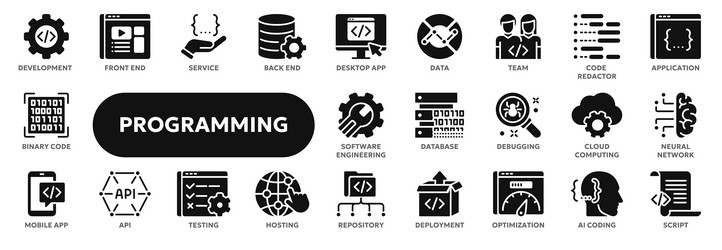 solid icons of programming and coding vector image
