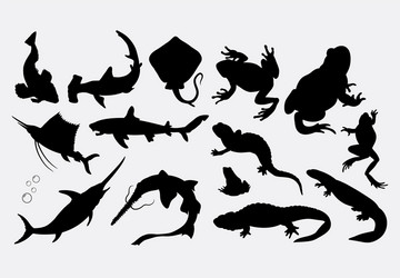 Fish and Frog Silhouettes - Aquatic Animals Vector Image
