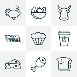 meal icons line style set with beef cheddar vector