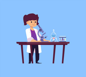 child scientist behind desk with microscope flat vector