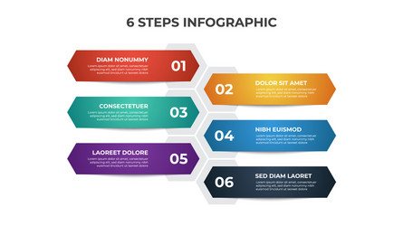 Colorful 6 points steps with hexagonal list vector