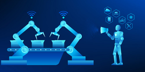 robot controlling a mechanical arm in factory vector image