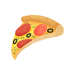 Slice of appetizing pizza with sausage tomatoes vector