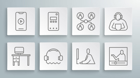 set line computer monitor and desk mobile phone vector image