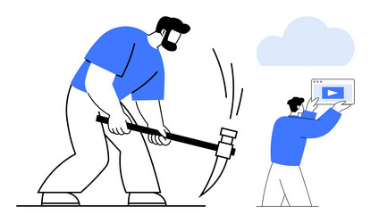 workers using tools and technology to build vector image