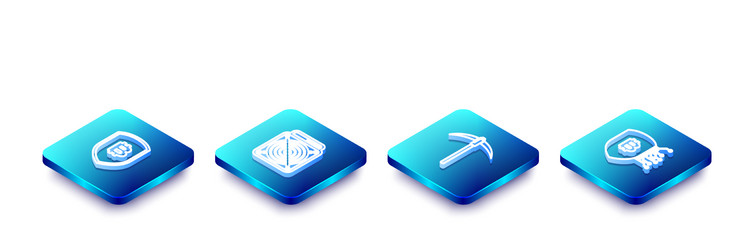 set isometric line shield with bitcoin asic miner vector image