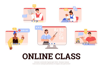 online language class with students and tutor flat vector