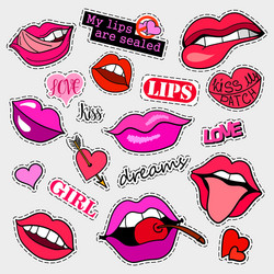 Fashion patch badges lips set stickers pins vector