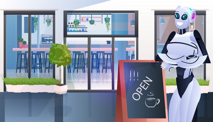 modern robot waiter with standing near open sign vector