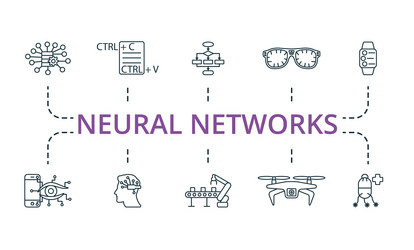 Neural networks icon set monochrome simple vector