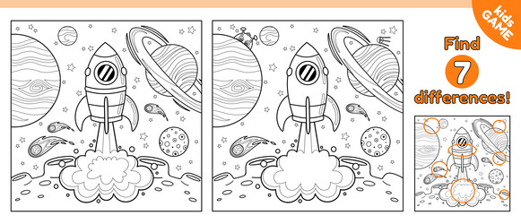 Game find differences and color rocket taking off vector