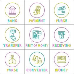 purse with payment and money converter color cards vector