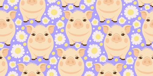 seamless pattern with piglets and camomiles vector image