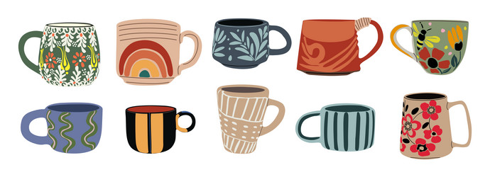 set coffee mugs with various designs and patterns vector image