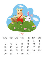 April calendar page 2021 with bull holding easter vector