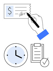 hand signing a check with clock and checklist vector image