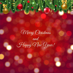 red background with bokeh and firtree frame vector image