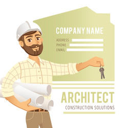 Architect in helmet with blueprints and keys vector