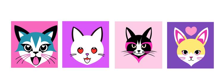 set different colored cats with hearts vector