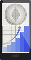 Ethereum coin with growth graph on a phone screen vector