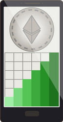 Ethereum coin with growth graph on a phone screen vector