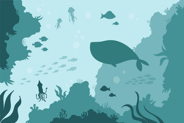 underwater sea bottom with squid jellyfish whale vector