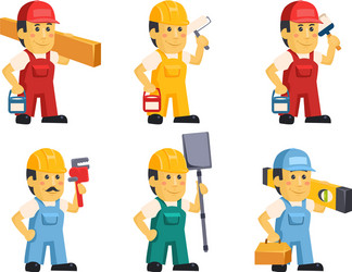 Builder workers in overalls with different tools vector