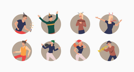 dancing people in festive hats set vector