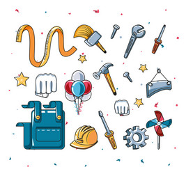 Happy labor day label with set tools and objects vector