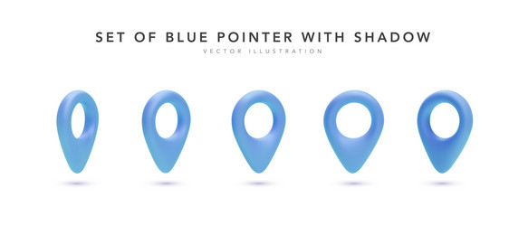 Set of 3d realistic blue map pointer with shadow vector