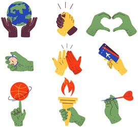 Set of colorful hands holding obects and shoving vector