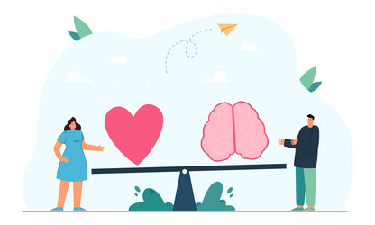 tiny man and woman with brain heart on scales vector