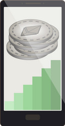 Ethereum coins with growth graph on a phone screen vector