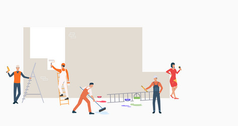 Group builders with tools painting wall vector