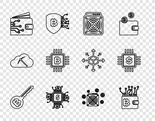 set line cryptocurrency key wallet asic miner vector image