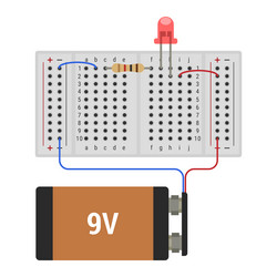 led circuit on breadboard with 9v battery vector image
