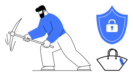 man mining with pickaxe next to security shield vector image
