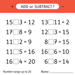 add or subtract number range up to 20 addition vector