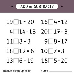 add or subtract number range up to 20 addition vector
